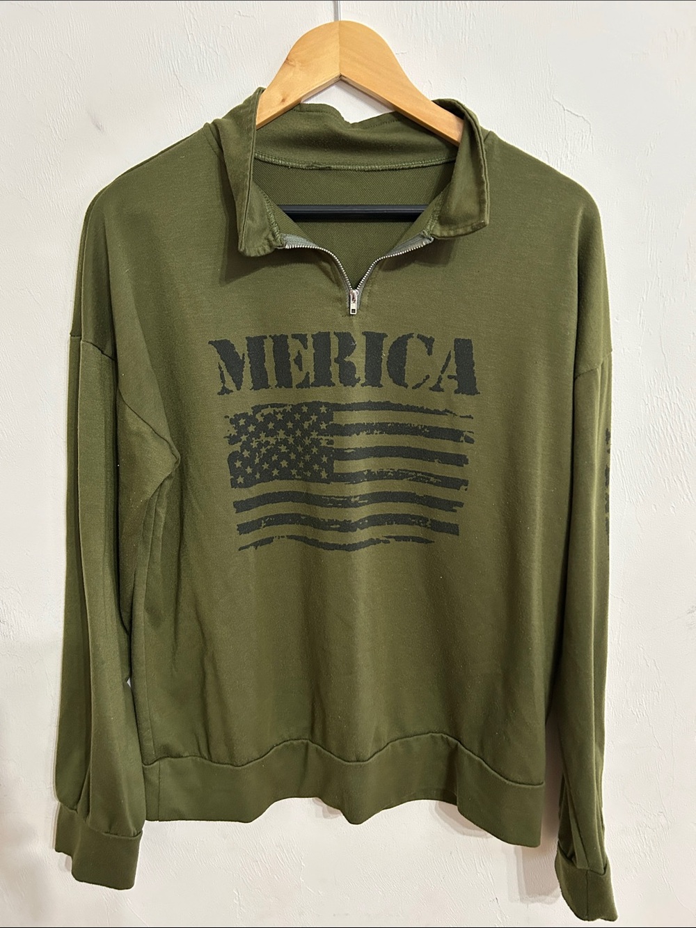 "Black Teak Merica" Olive Green Quarter Zip Pullover Women L
